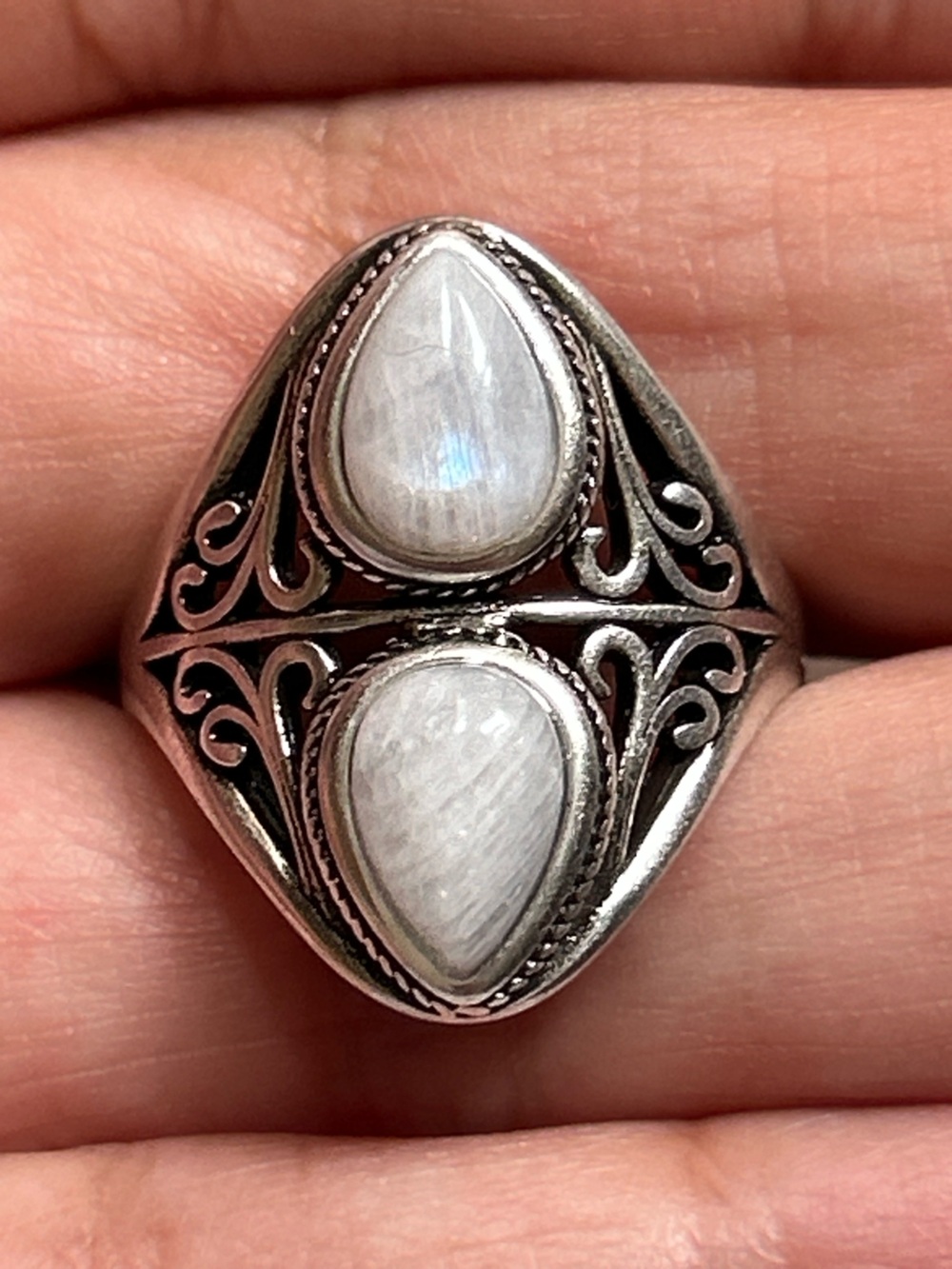 Sterling Silver S925 Double Teardrop Moonstone Ring Crystal Gem Stone New